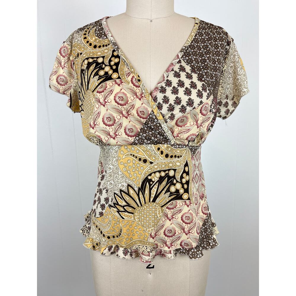 Vintage Y2K Brown Mixed Print‎ Pattern Top Large No Boundaries Fairy Cyber 2000s - Picture 2 of 14